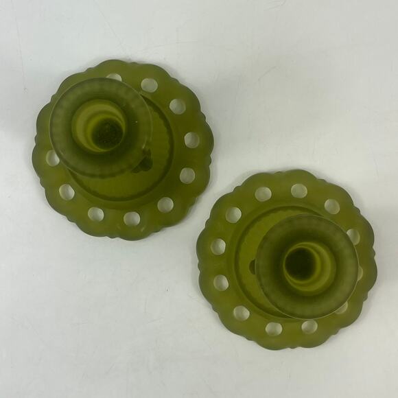 Vtg Westmoreland Doric Lace Olive Green Satin Glass Candlestick Holders Pair USA - Picture 2 of 6
